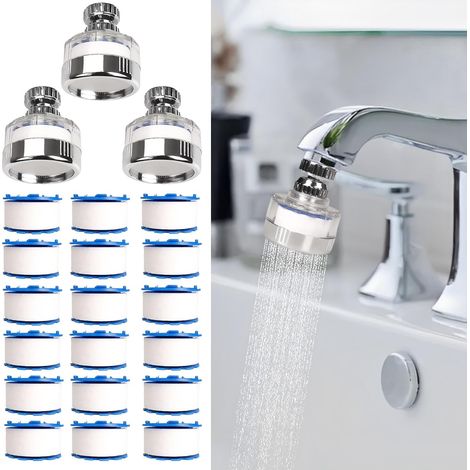 Juego de 21 filtros de agua para lavabo de baño - Rotación de 360° - Elimina el flúor duro - Extensión de grifo para el hogar y la cocina (1/5)