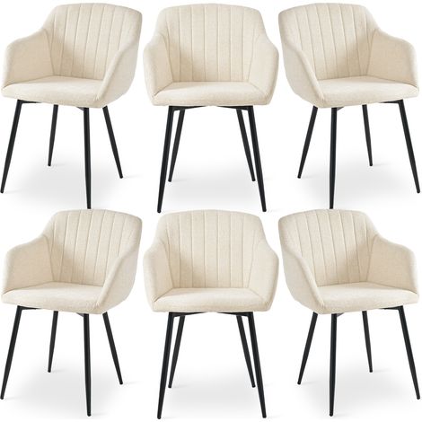 Dining chairs with armrests and lumbar support, sturdy metal frame, modern minimalistic design for living room, kitchen and bedroom - Set of 6 - white-Chenille