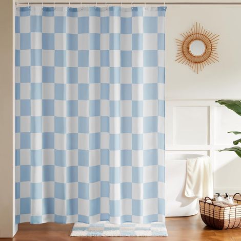 Filiyano-Rideau de douche à carreaux bleu clair et blanc, joli motif à carreaux rétro pour un style vintage, rideau de bain en tissu lavable en (1/5)