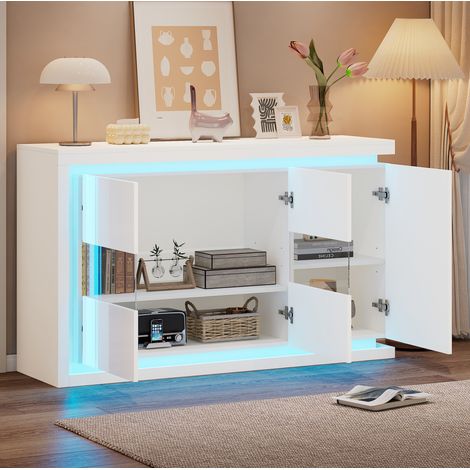 REDOM - Buffet 140x40x84 cm, 4 scomparti, porte in vetro temperato, illuminazione LED con telecomando, pannelli di particelle bianco (1/5)