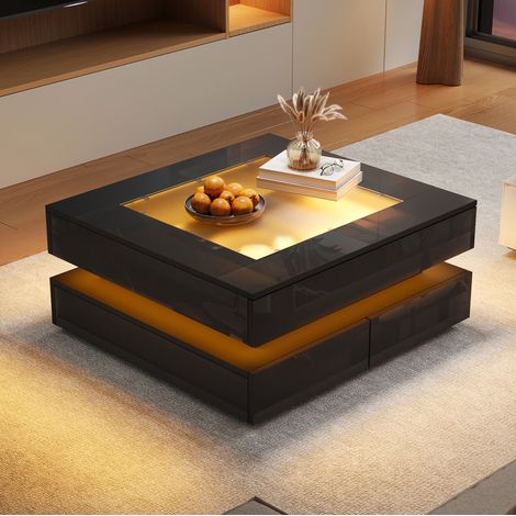 Table basse 70x70x35 cm en bois et verre noir, avec rangement LED pour salon FloraGrace (1/5)