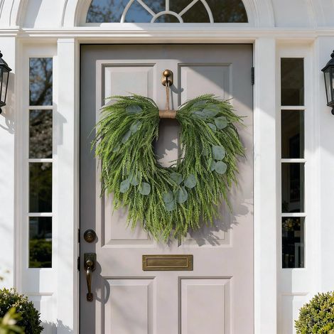 Couronne de Porte Printemps Été en Forme de Cœur, Feuillage Eucalyptus Artificiel et Herbe Décorative, Suspension pour Intérieur et Extérieur (1/5)