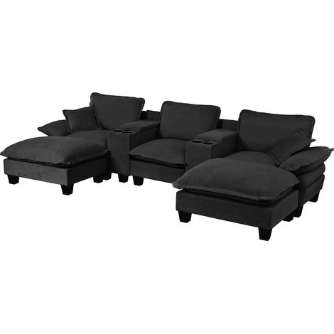 Divano modulare a U in chenille nero con portabicchieri, spazio contenitore, USB, 2 pouf e 2 cuscini (1/5)