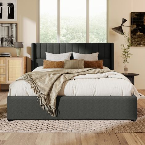 Lit double hydraulique 160x200cm, grille en bois, lit avec grille en cadre métallique, lin, gris (avec matelas) (1/5)