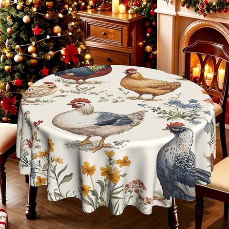 Nappe ronde imprimée de poules de ferme à l'aquarelle (1 pièce), nappe de table légère et résistante pour cuisine de style campagnard, idéale pour les pique-niques. (1/4)