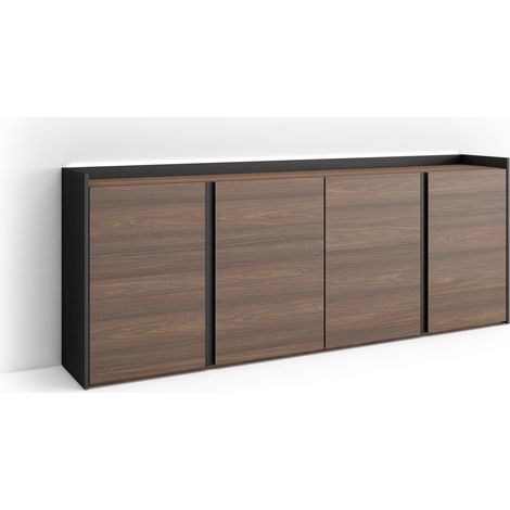 Skraut Home - Credenza, Mobile, Cucina, Madia, mobile ingresso, 207x35x80cm, 4 Porte, LED, Stile moderno, Rovere scuro e Nero (1/5)