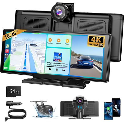 CarPlay Car, Supports Wireless CarPlay and Android Auto, 10.26 Inch IPS Touch Screen, 4K Front Camera and 1080P Rear View Camera, Bluetooth 5.3, GPS, FM, AUX, Mirror Link, TF Card 64G (1/5)