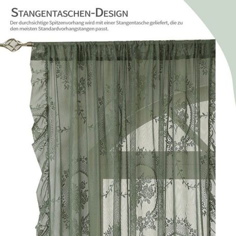 Rideaux en dentelle vert olive, rideaux vintage brodés de fleurs avec volants (2 pièces) - 140 cm x 100 cm Étiquette (1/5)