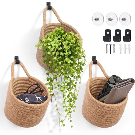 Panier Murale Tissée - Panier Suspension en Coton pour Rangement et Décoration - Fixation Adhésive ou Visée - Lot de 3 - Grand Modèle (1/5)