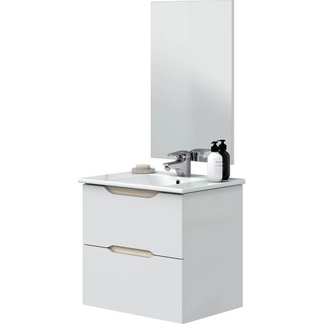 Hängendes Badmöbel platzsparend 60 cm 2 Schubladen hochglanzweiß und Eiche mit Spiegel und Einbaubecken