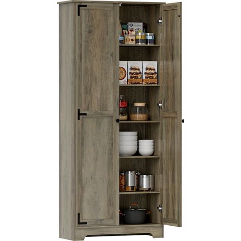 Armario de cocina estilo casa de campo, mueble de almacenamiento independiente con estantes ajustables, armario alto con puertas empotradas, efecto madera gris (1/5)