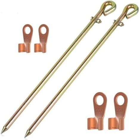 Lot de 2 tiges de mise à la terre pour générateur avec piquet en acier plaqué cuivre et fil flexible pour clôture électrique solaire 44 cm Doré (1/5)