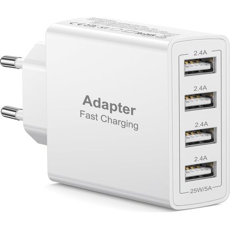 Chargeur USB Prise, 4 Ports Prise USB Multiple 25W/5V Chargeur Rapide Multiprise USB Adaptateur Secteur Murale Universel Chargeur Rapide pour 17 16 15 14 13 12 11 XR X, iPad, S25 S24 (1/5)