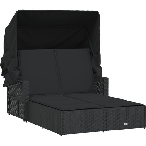 Chaise longue,Bain de soleil,Transat double et auvent et coussins noir résine tressée CFW39233 (1/5)