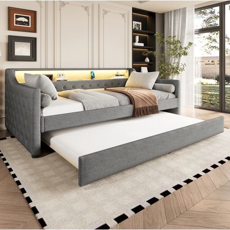 Bett Tagesbett modern 90x200 cm aus Leinen in Grau mit LED-Kopfteil, USB, Lattenrost und Ausziehbett 90x190 cm (1/5)