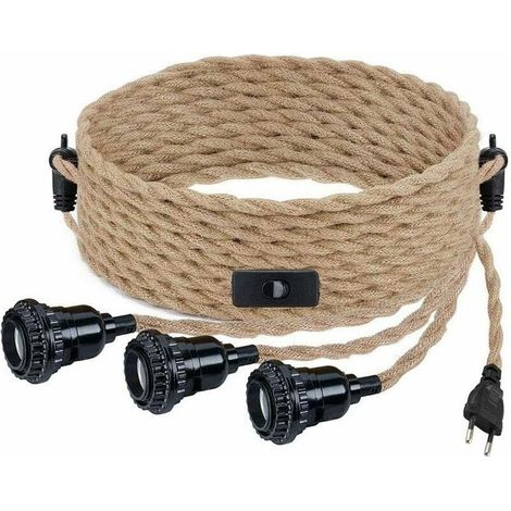 Suspension DIY avec corde de chanvre, cable textile, lampe suspendue 3×E27 avec interrupteur et fiche, lampe rétro 9 mètres de cable, lampe pour table à manger, café, salon, chambre à coucher [Classe (1/4)