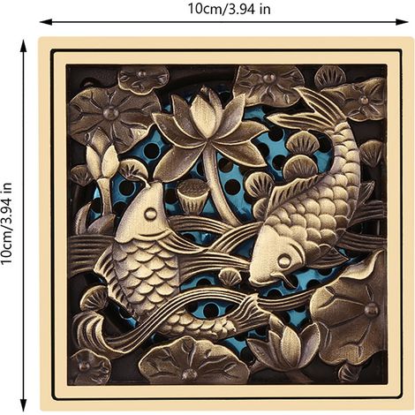 [Rejilla de suelo] Rejilla de suelo de baldosa antigua con rejilla protectora para drenaje y control de olores – panel de 10 x 10 cm con estampado de peces, material de bronce macizo, acabado antiguo  (1/5)