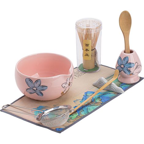 Service à matcha de 8 pièces, comprenant un bol en céramique, un fouet en bambou, une passoire, une cuillère et un support, élégant modèle rose . (1/5)