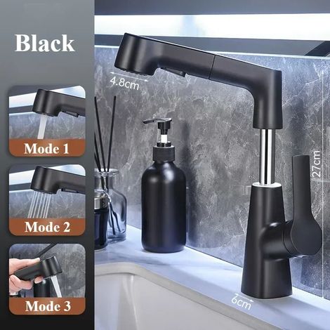 Robinet de cuisine extractible (NoirA) - Robinet de lavabo de salle de bain rotatif à 360° - Robinet d'évier de cuisine en acier inoxydable avec douchette extractible (1/5)