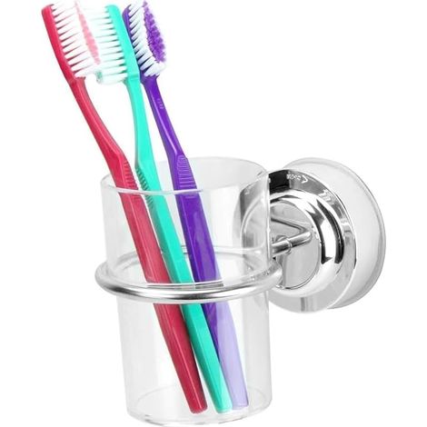 Porte-brosse à dents à ventouse sans perçage avec tasses, support mural en acier inoxydable 304 pour dentifrice, gobelet en verre pour toilettes, salle de bain (1/5)