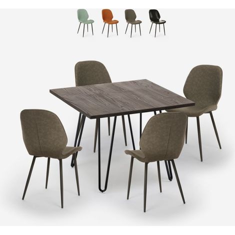 Set Tisch 80x80cm 4 Stühle Industrie Design Kunstleder Bar Küche Wright Dark - Grau