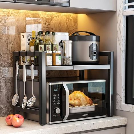 Étagère Micro-Ondes Extensible 2 Niveaux, Grise, 40–60 cm  Structure réglable, rangement multifonction, 6 crochets pour ustensiles de cuisine (1/5)