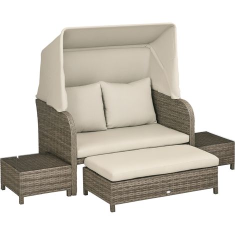 4-sitziges Gartenmöbelset mit Sofa, Hocker und Couchtisch in beigebraunem Stoff