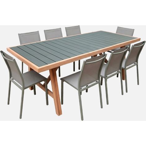 Set tavolo da giardino in legno di hevea e alluminio con 8 sedie