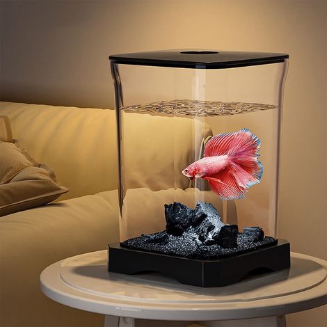 Aquarium Nano Auto-Nettoyant - Verre 2 Gal - Filtre 3-en-1 Silencieux - Éclairage LED 3 Couleurs - Pour Betta Poissons et Crevettes - 17,7 x 11,8 cm