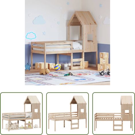 vidaXL Kinderbett mit Dach - Hochbett mit Dach 90x200 cm Massivholz Kiefer (1/5)