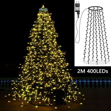 HEMVOR Guirlande cascade pour sapin 2 m, 400 LED, sans étoile, blanc chaud, minuterie, IP44 (1/5)