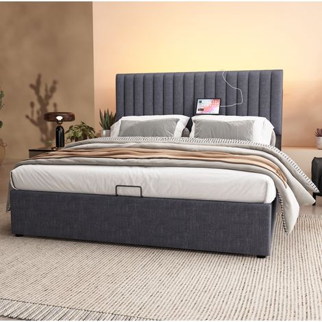 Bett Doppelbett Stauraum 140x200 Leinen Grau OKMYHOME (1/5)