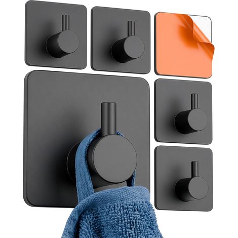 Crochets Adhésifs Muraux Sans Percage, Lot de 6 Crochets Autocollants Charge Lourde 5kg, Accroche Serviette Salle de Bain et Cuisine, Crochet Torchon Patère Murale, Acier Inoxydable Noir (1/5)