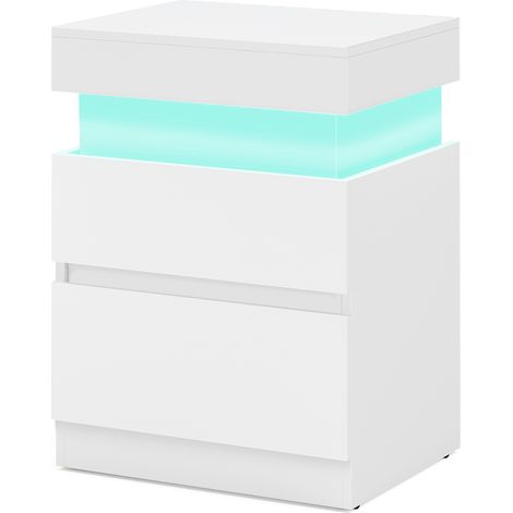 Table de Chevet Moderne avec LED, Table d’Appoint, 2 Tiroirs, Multiprise Intégrée, 35 x 40 x 55 cm, Blanc (1/5)