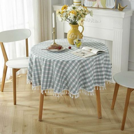 Nappe ronde en coton et lin avec franges antitaches, protège-table lavable, 140 x 140 cm (1/5)