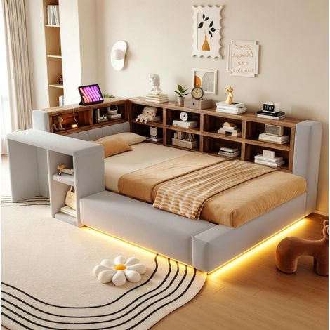 Lit enfant 90x200 cm avec rangements multicouches, LED, prises intégrées, tablette, tissu rembourré - gris clair (1/5)