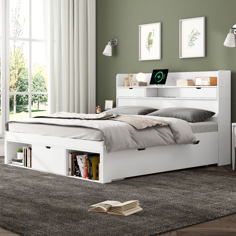 Lit double en bois 140x190 cm avec grand rangement Lit enfant ports USB + Type-C,tiroirs et stockage ouvert Blanc (1/5)