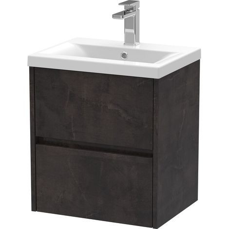 Square Wall Hung 2 Drawer Vanity Unit & Ceramic Basin, 500mm - Textured Matt Metallic Slate