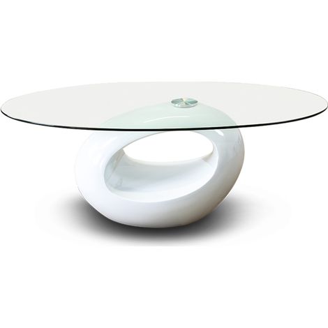 Designetsamaison – Table basse fixe blanche ovale en verre trempé 112x68x36cm – Design unique avec courbures – Pour salon moderne