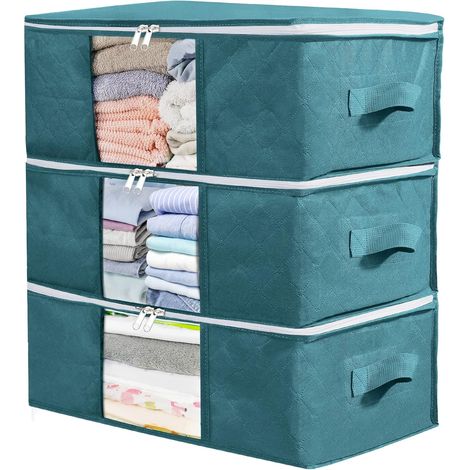3 Pack (Blue) Clothes Storage Bag, Under Bed Clothes Storage Box, Fabric Clothes Finishing, for Storing Quilts, Clothes, Bedding, Waterproof, 48 x 35 x 20 cm (1/5)