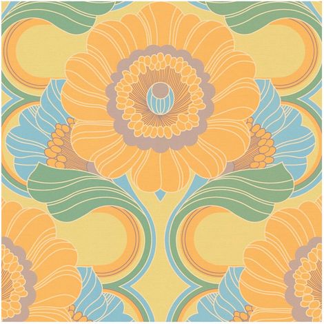 Retro Tapete Profhome 395301 heißgeprägte Vliestapete leicht strukturiert mit Blumen-Muster matt gelb türkis-blau grün beige-grau 4,5 m2