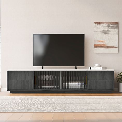 Meuble TV de luxe — Compatible avec les écrans jusqu'à 70 pouces  Finition grise élégante avec plateau effet marbre  doté d'un système de gestion des câbles et de tiroirs à ouverture par simple pressi