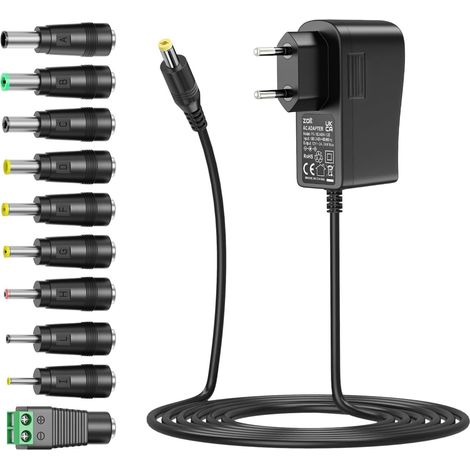 12V 2A Adaptateur Secteur Universel, 24W Transformateur d'alimentation AC DC avec 9 Prises DC pour électronique, 2000mA Max. (1/5)