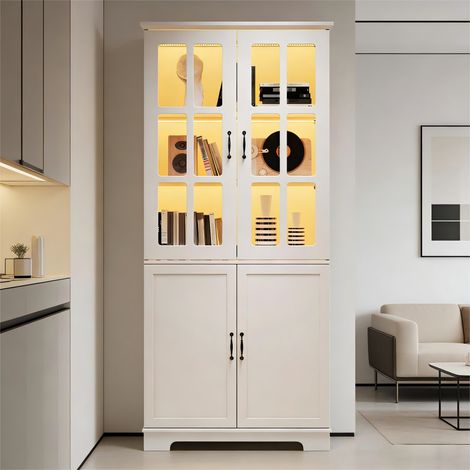 Meuble haut 80x38x180 cm style campagne blanc,2 grilles verre,2 portes pleines et 5 étagères pour salon et cuisine.