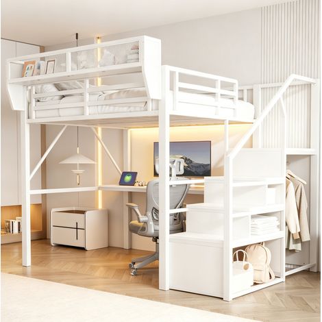 Letto a soppalco 140 x 200 cm con scrivania, contenitori e LED bianco DESVIAE (1/5)