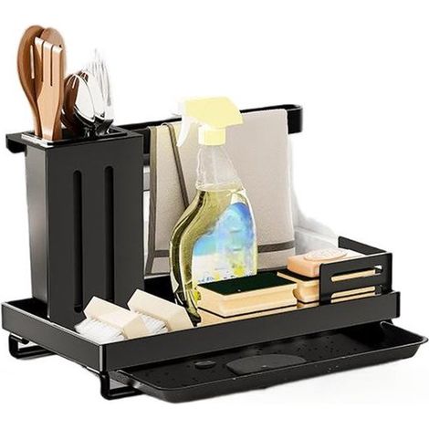 Organizador de fregadero negro para cocina，Organizador de fregadero reforzado de acero inoxidable con escurridor de esponjas，251516.5cm，Negro (1/5)