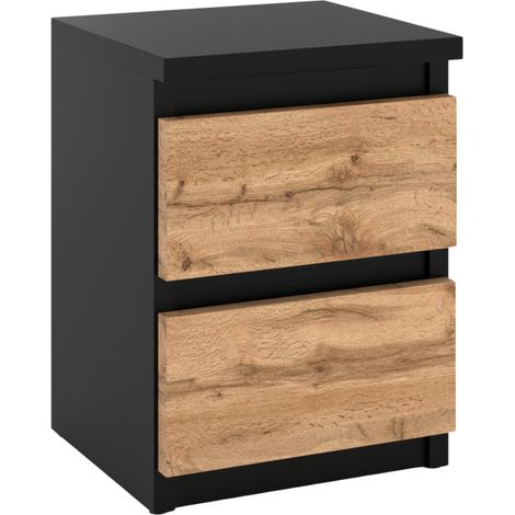 Mesita de noche de roble negro WOTAN de 30 cm con 2 cajones, ideal para dormitorio tipo loft.