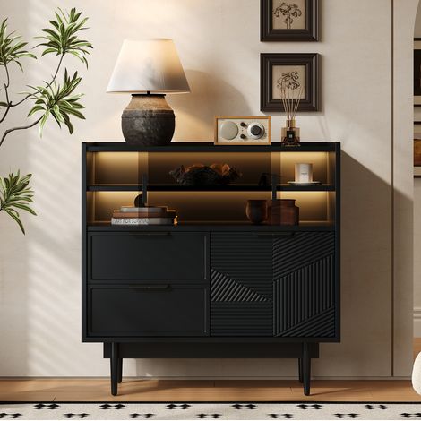 Meuble de rangement salle de bain avec porte vitrée coulissante, LED 16 couleurs, MDF noir, pieds métal, 80 cm, pour salon, entrée ou bureau - CHICFURN (1/5)