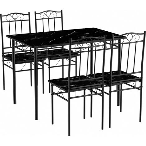 Eggree – Ensemble table et 4 chaises 109x69x75 cm – Marbre noir et acier – Style industriel pour cuisine et salle à manger