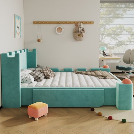 Lit enfant ou adulte, lit double 140x200 cm en velours français bleu canard, design château, avec rangement tiroir et étagère latérale rabattable, barrière anti-chute moelleuse incluse (1/5)